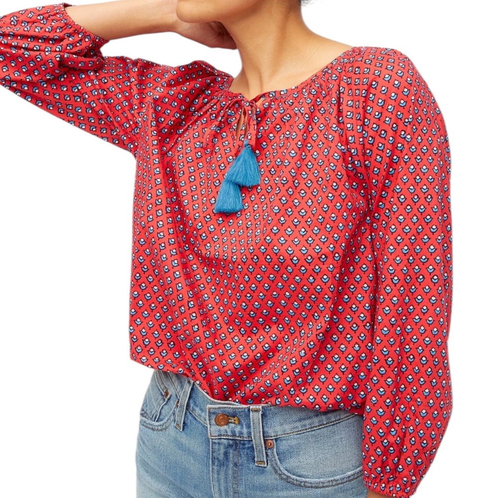 J.Crew Raglan Cotton Popover Top Red Blue Small